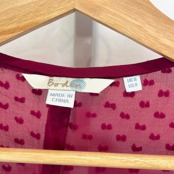 BODEN Sheer Silk Textured Swiss Dot Top Short Sleeve Blouse Dark Pink UK 8 US 4 - Picture 3 of 8